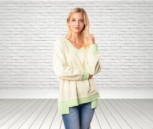 Oversized High-Low Long Sleeve Striped Knit Pullover - SV Boutique & Co.
