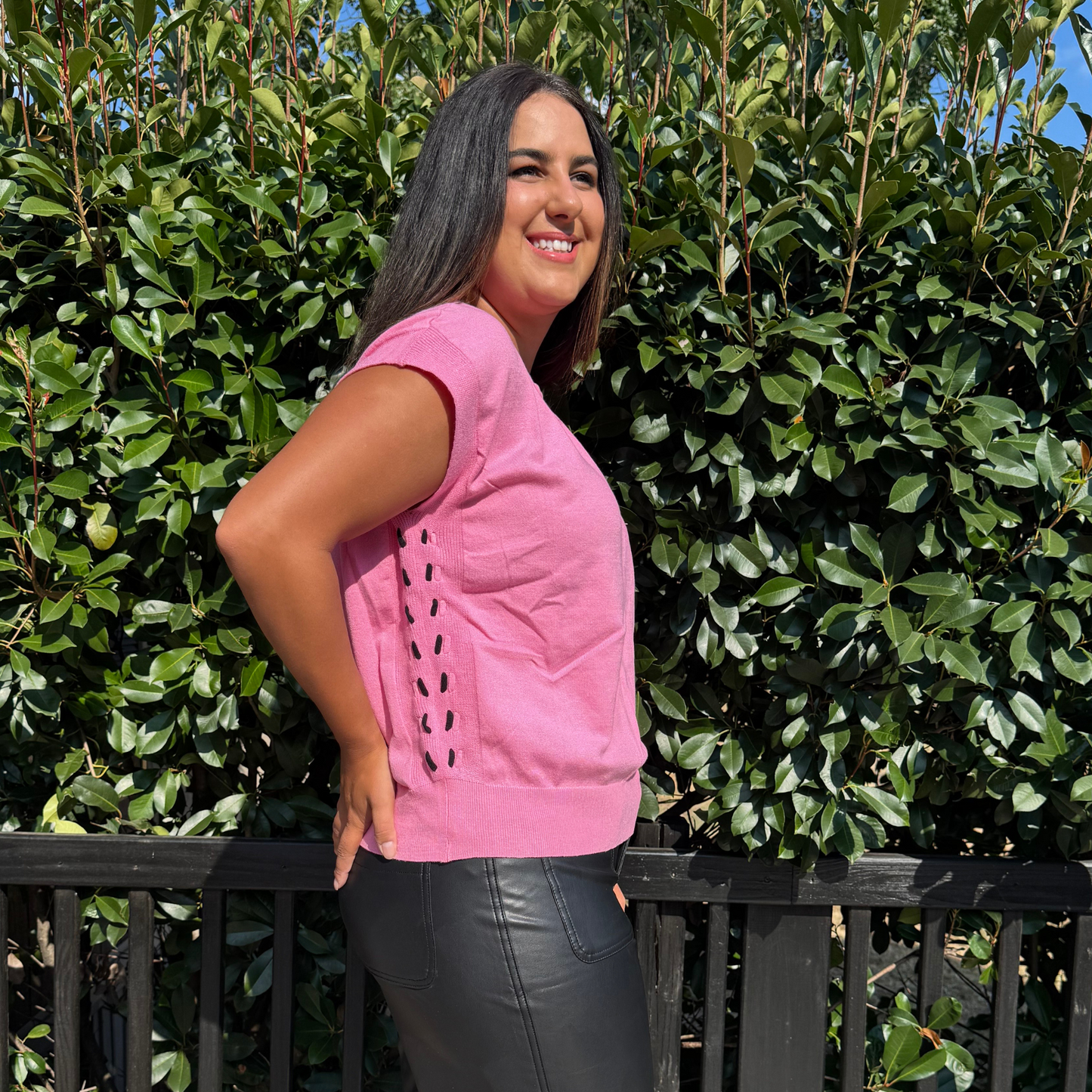Short Sleeve Tickled Pink On The Side Sweater