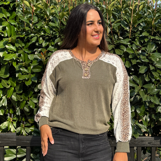 Long Sleeve Olive Leopard Half Button Pullover