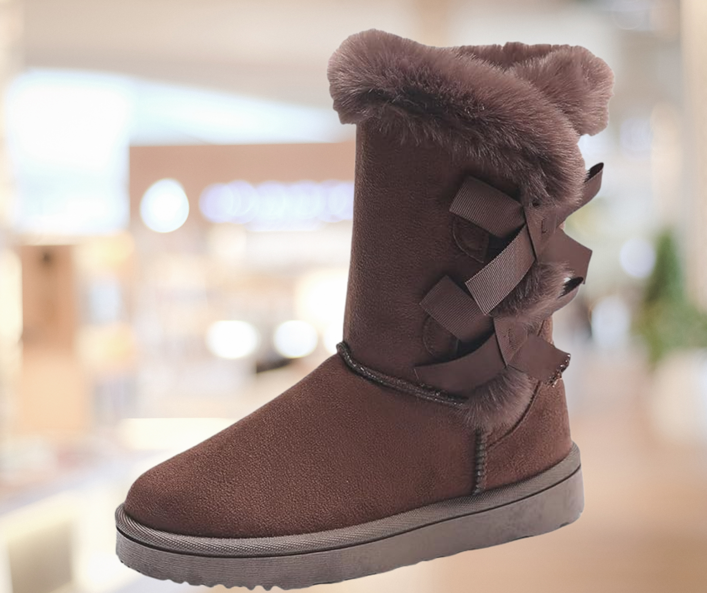 Bow Knot Faux Fur Coffee Lined Mid-Calf Warm Boots - SV Boutique & Co.