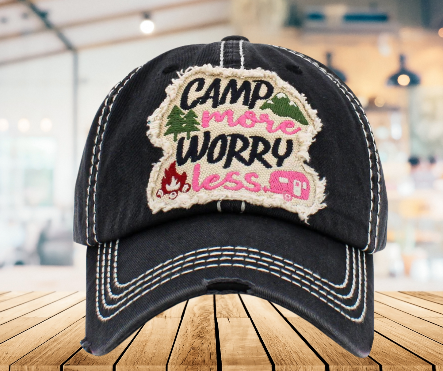 Camp More Worry Less Distressed Baseball Cap - SV Boutique & Co.