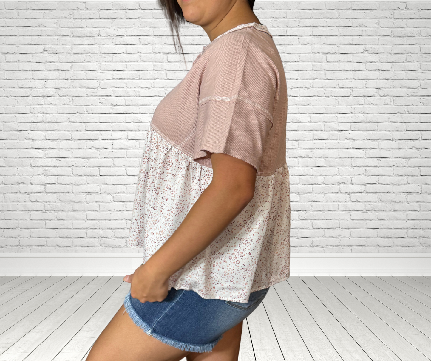 Pink Waffle Floral Babydoll Slub Top - SV Boutique & Co.