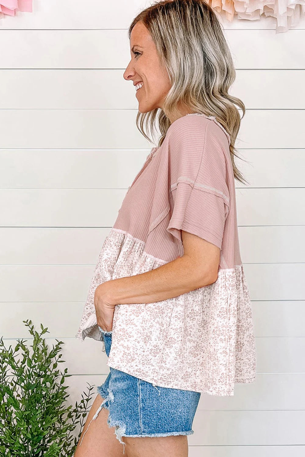 Pink Waffle Floral Babydoll Slub Top - SV Boutique & Co.