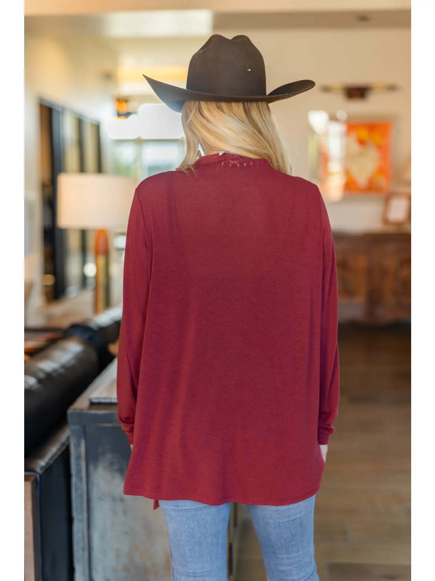 Soft Drape Open Front Wine Cardigan
