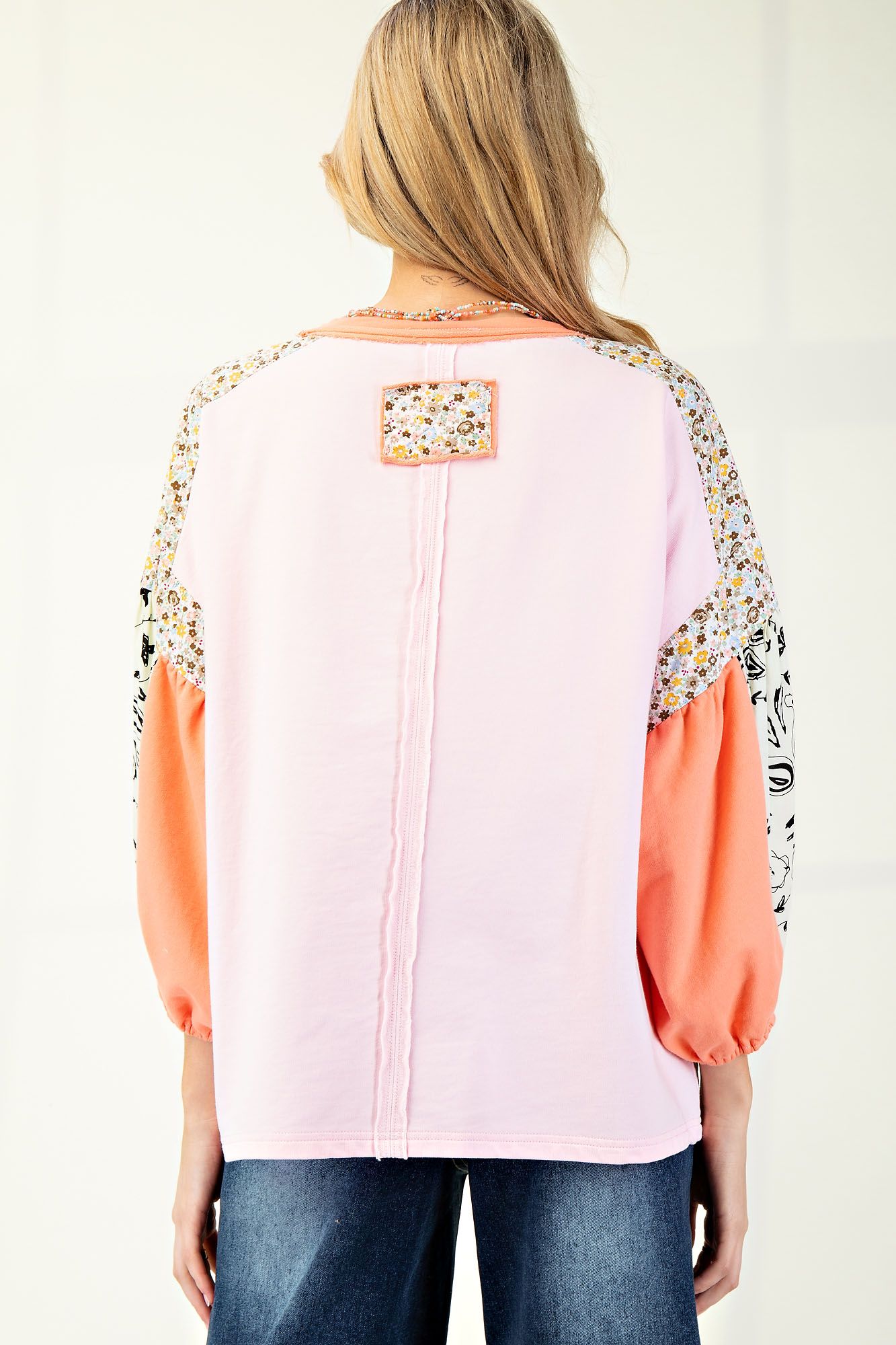 PINK PRINT MIX FLOWER PATCH SOFT WASHED KNIT TOP - SV Boutique & Co.