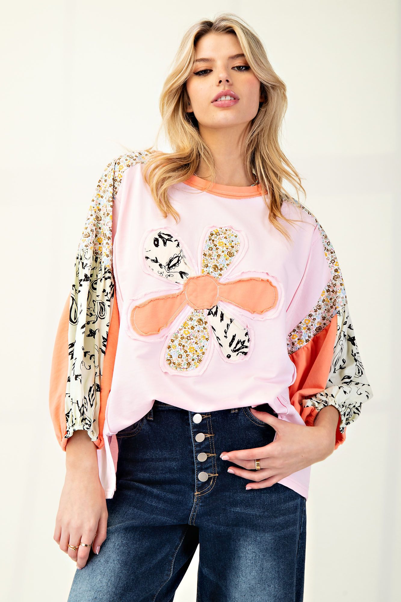 PINK PRINT MIX FLOWER PATCH SOFT WASHED KNIT TOP - SV Boutique & Co.