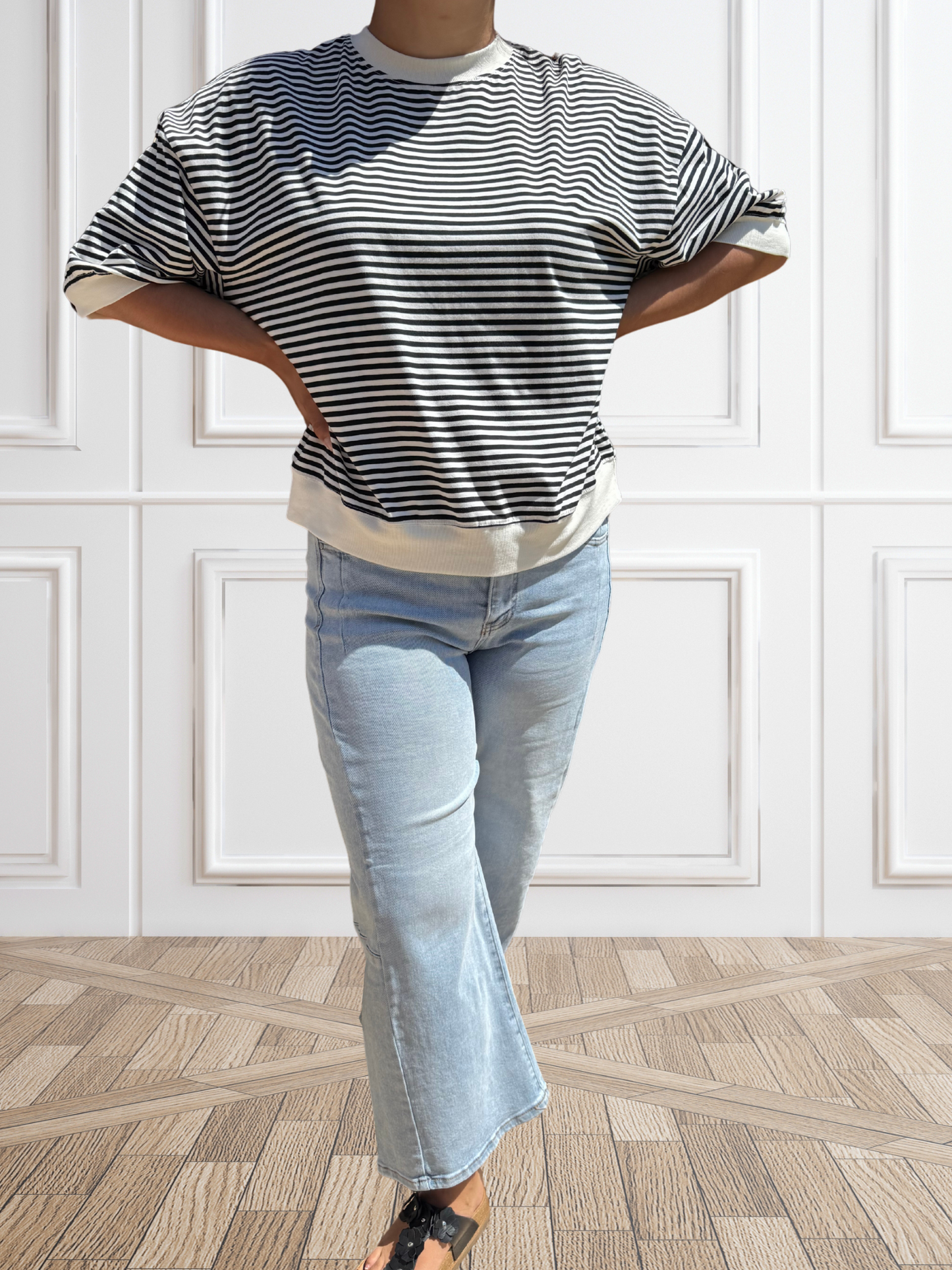 Loose Fit Striped Short Sleeve Crew Neckline Top - SV Boutique & Co.