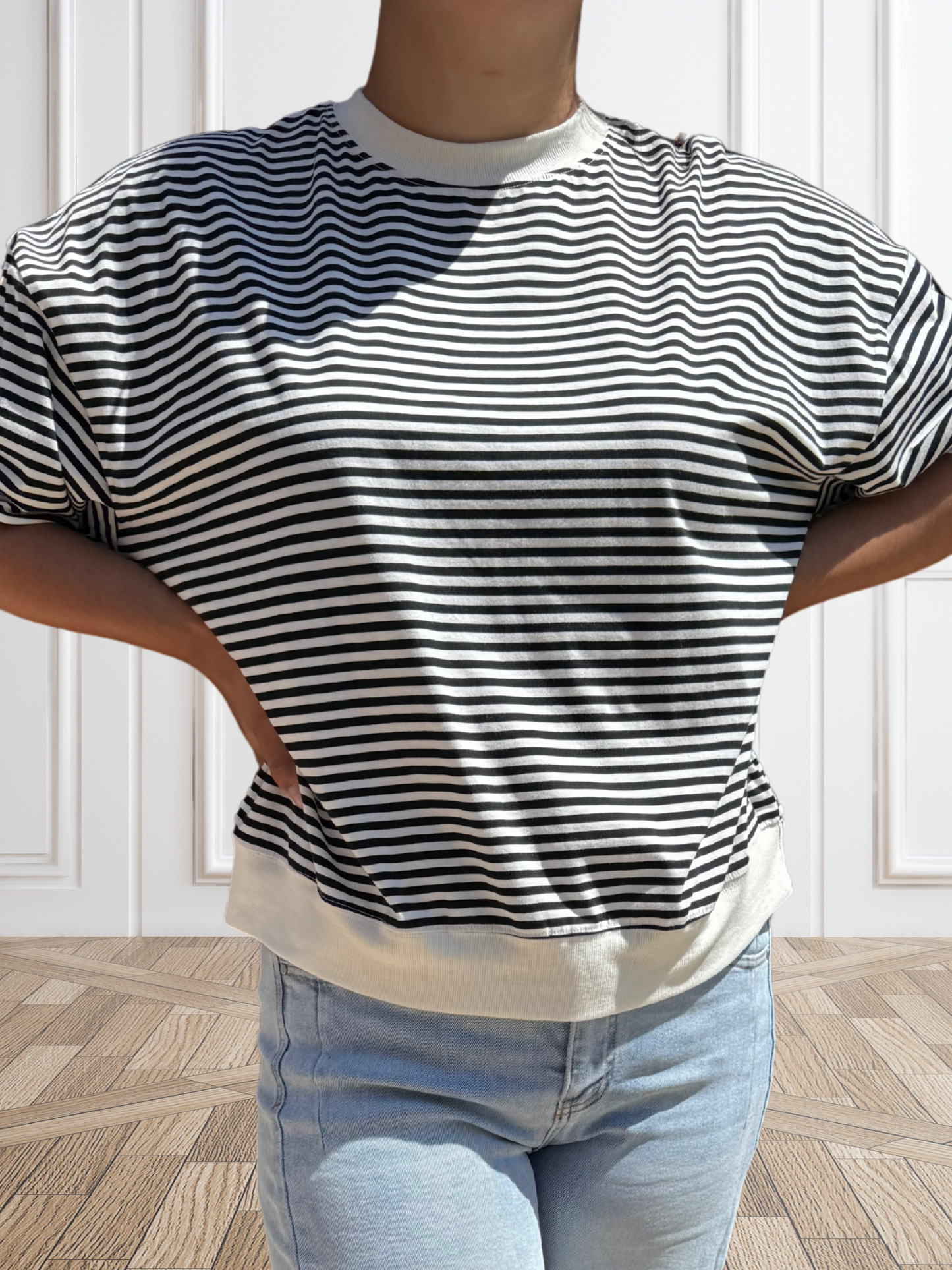 Loose Fit Striped Short Sleeve Crew Neckline Top - SV Boutique & Co.
