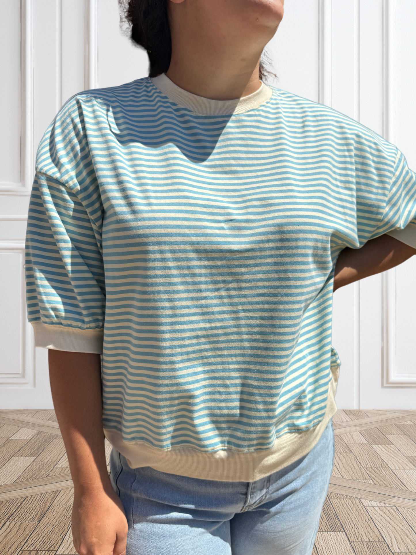 Loose Fit Striped Short Sleeve Crew Neckline Top - SV Boutique & Co.