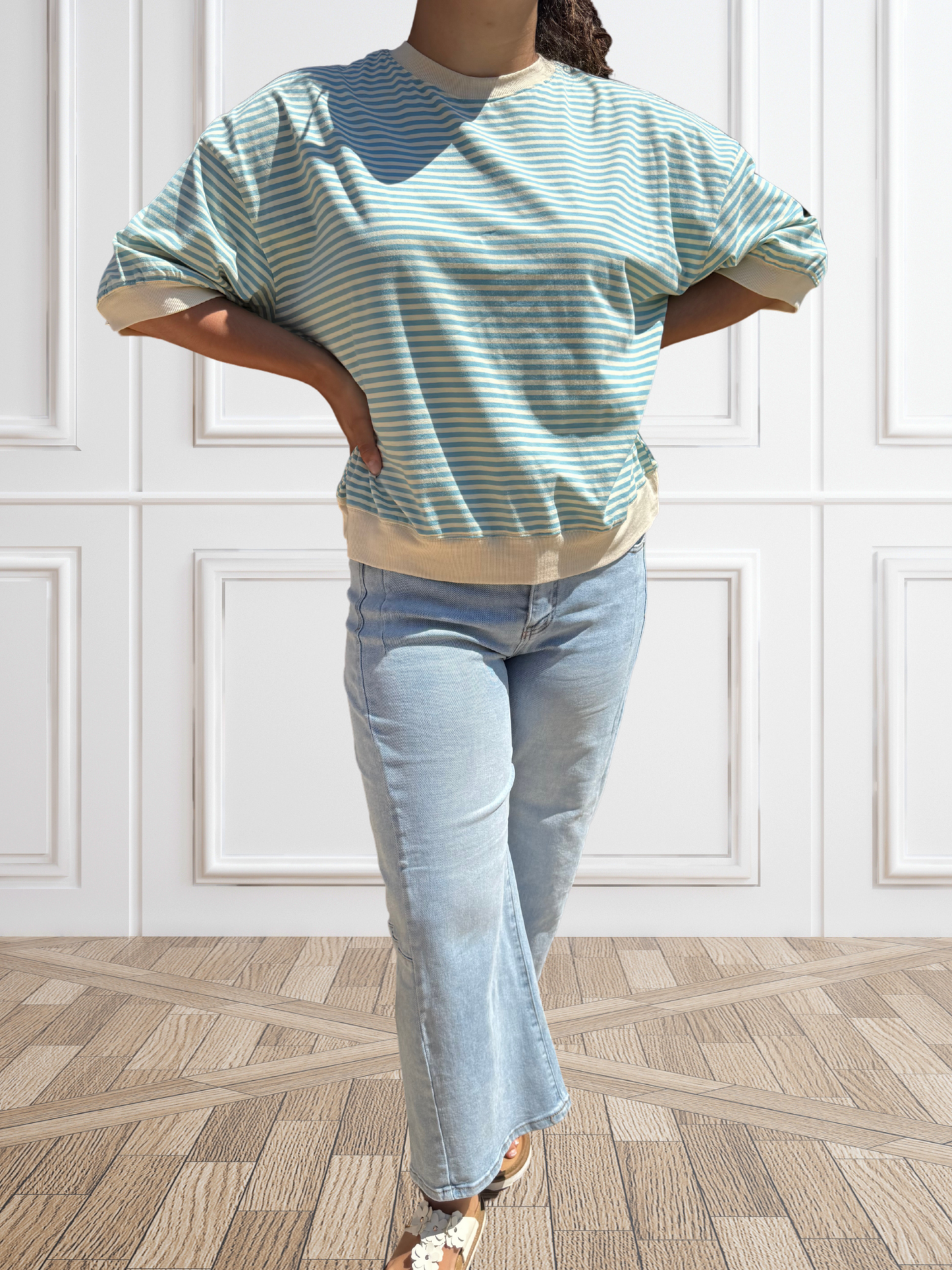 Loose Fit Striped Short Sleeve Crew Neckline Top - SV Boutique & Co.