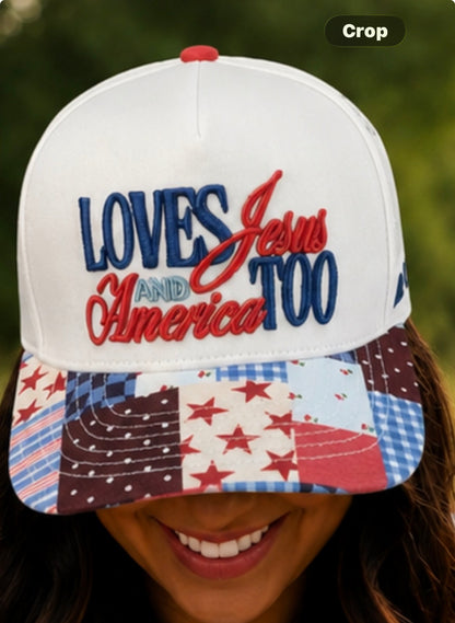 Loves Jesus and America Too - God Bless USA Trucker Hat - SV Boutique & Co.