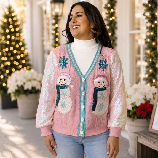 Frosty Snowman Cardigan with Sequin Sleeves Grace + Emma - SV Boutique & Co.