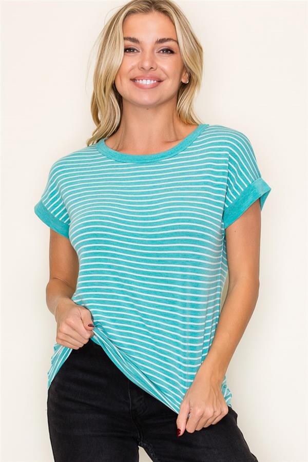 Crew Neck Short Sleeve Terry Striped Top from Staccato