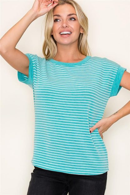 Crew Neck Short Sleeve Terry Striped Top from Staccato