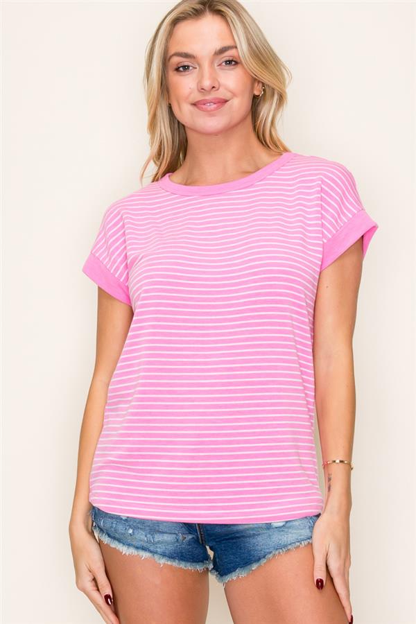 Crew Neck Short Sleeve Terry Striped Top from Staccato