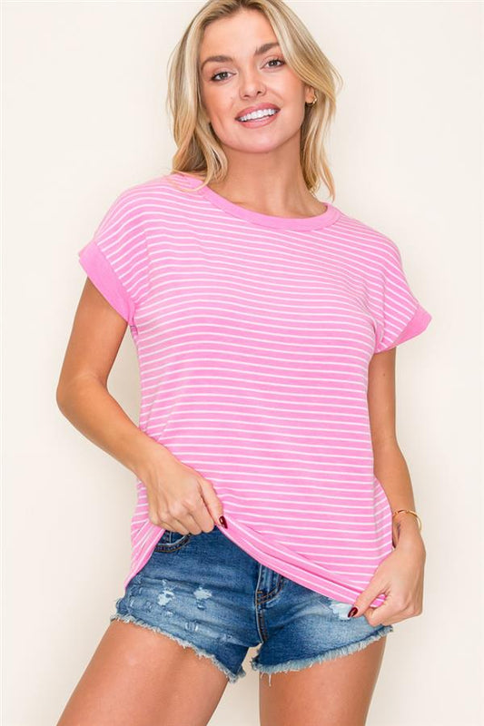 Crew Neck Short Sleeve Terry Striped Top from Staccato