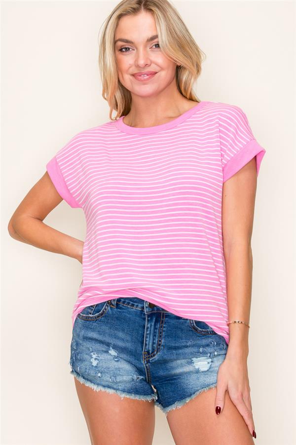 Crew Neck Short Sleeve Terry Striped Top from Staccato