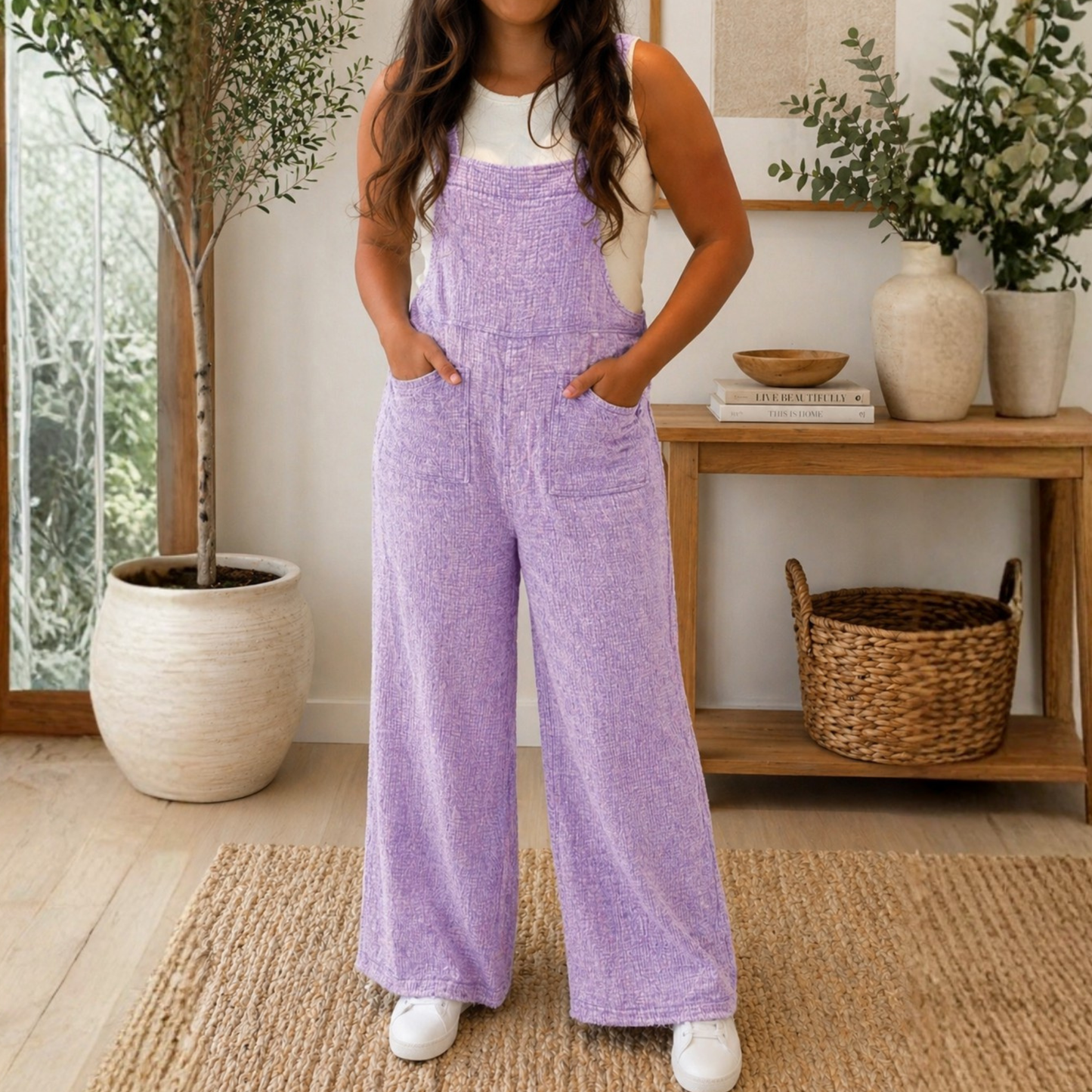 Grape Crush Washed double gauze elastic waist wide leg overalls FINAL SALE - SV Boutique & Co.