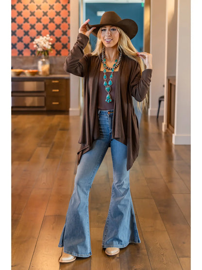 Soft Drape Open Front Chocolate Cardigan