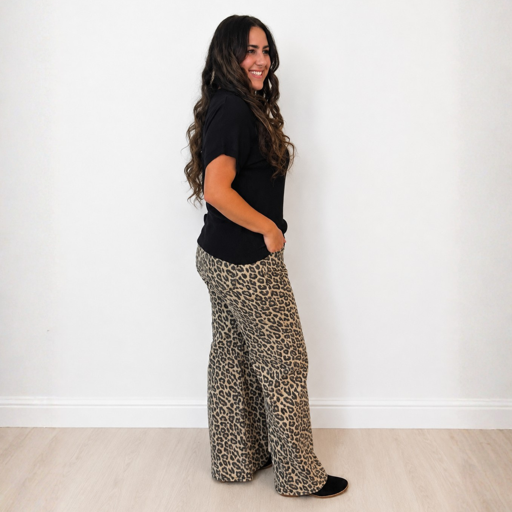 RISEN RUN THE WILD MID RISE WIDE LEG LEOPARD JEANS - SV Boutique & Co.