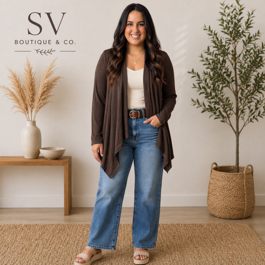 Soft Drape Open Front Chocolate Cardigan - SV Boutique & Co.