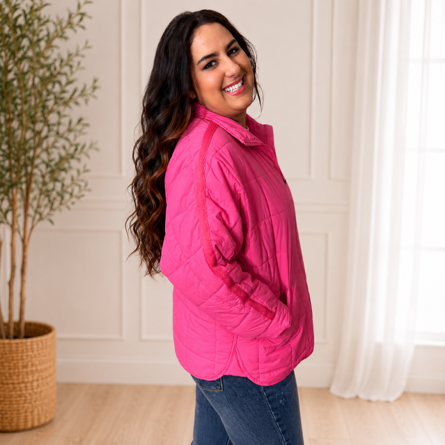 HOT PINK JACKET, LIGHTWEIGHT QUILTED SQUARES - SV Boutique & Co.