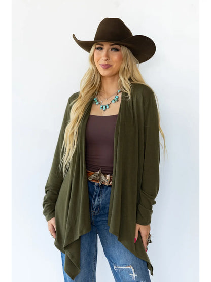 Soft Drape Open Front  Olive Cardigan