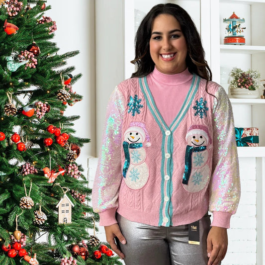 Snowman Cardigan with Sequin Sleeves Grace + Emma