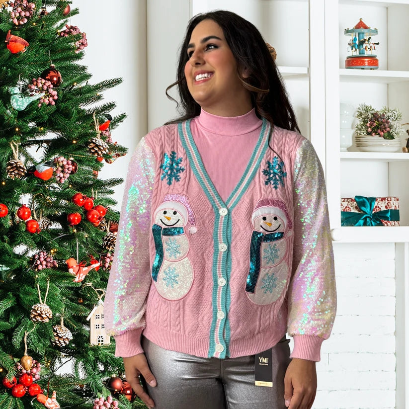 Frosty Snowman Cardigan with Sequin Sleeves Grace + Emma