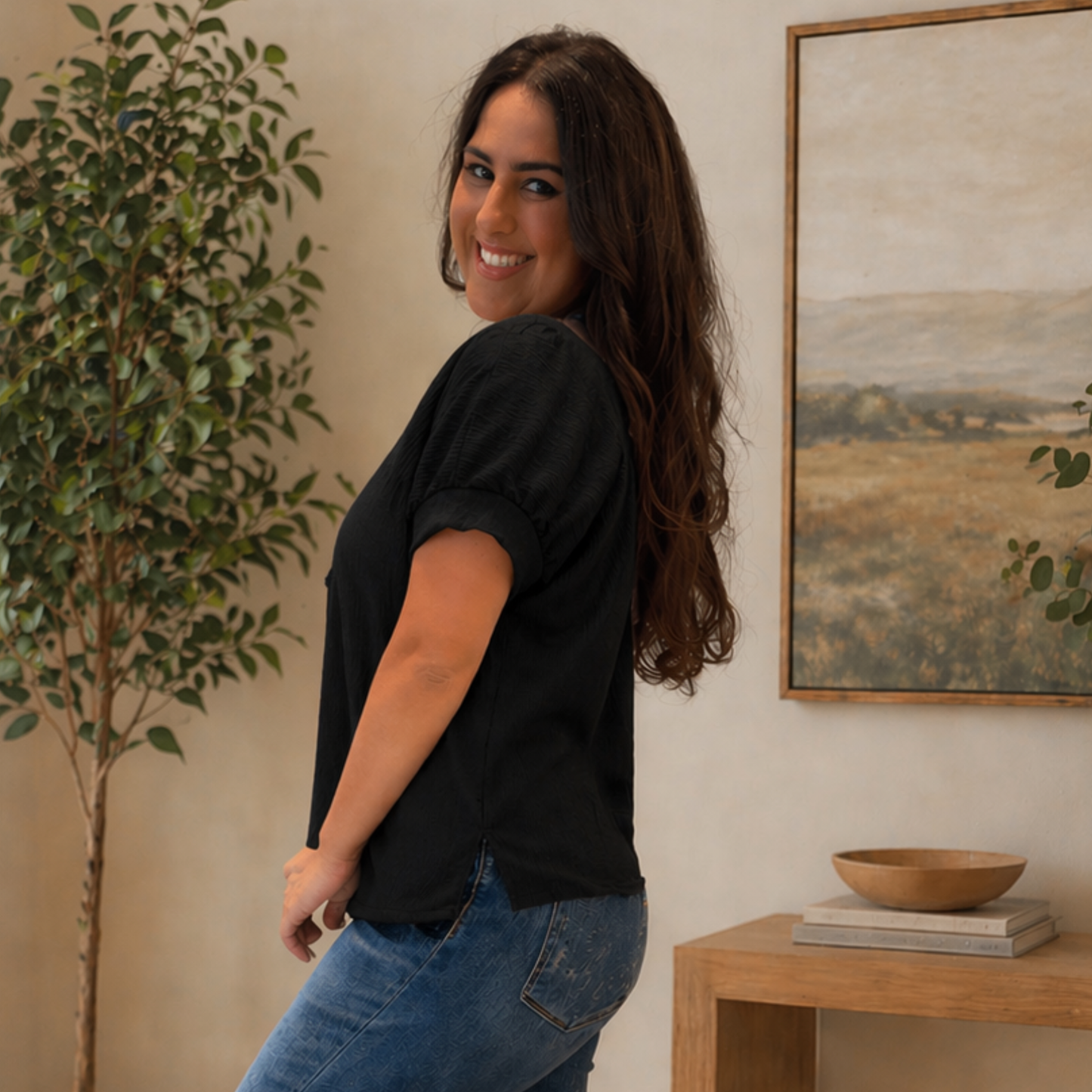 Black V-Neck Short Sleeve Crinkle Top - SV Boutique & Co.