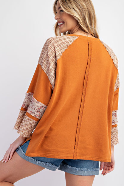 Easel Cotton Terry Knit Top with Heart Patch in - SV Boutique & Co.