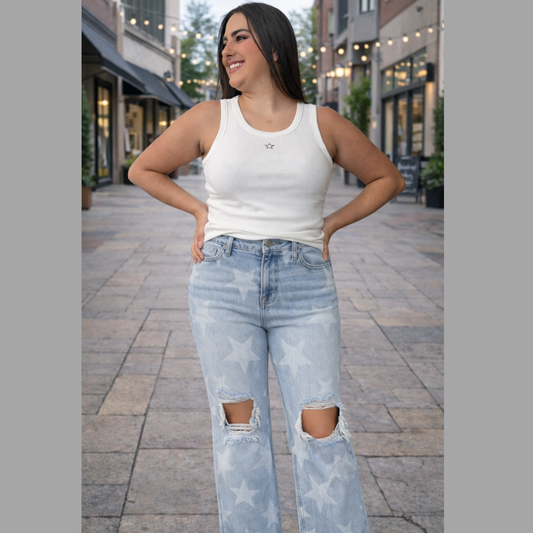 RISEN HIGH RISE STAR PRINTED STRAIGHT CROP JEANS - SV Boutique & Co.