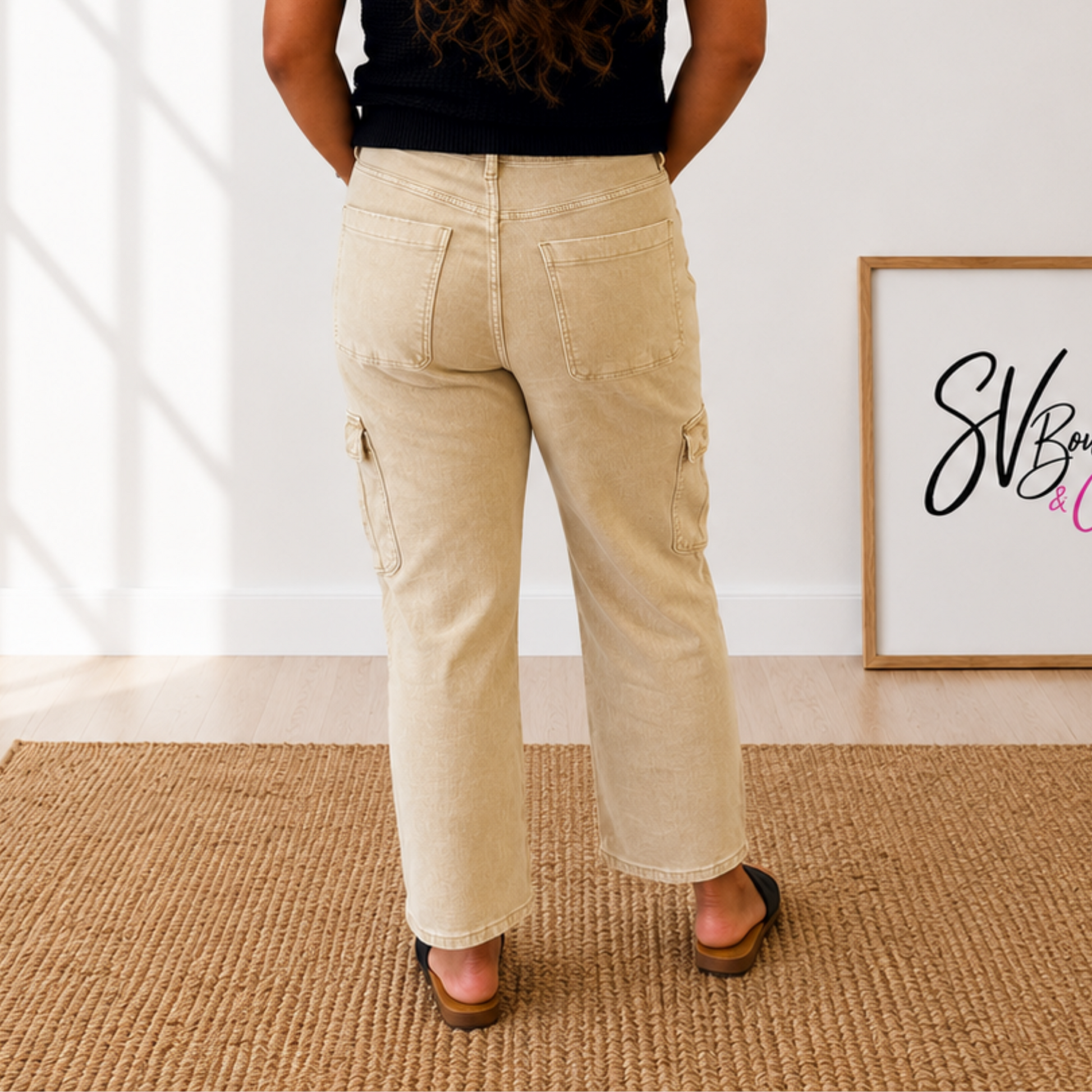 Vervet Khaki High Rise Relaxed Straight Cargo Ankle Jeans - SV Boutique & Co.