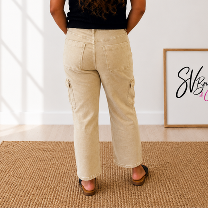 Vervet Khaki High Rise Relaxed Straight Cargo Ankle Jeans - SV Boutique & Co.