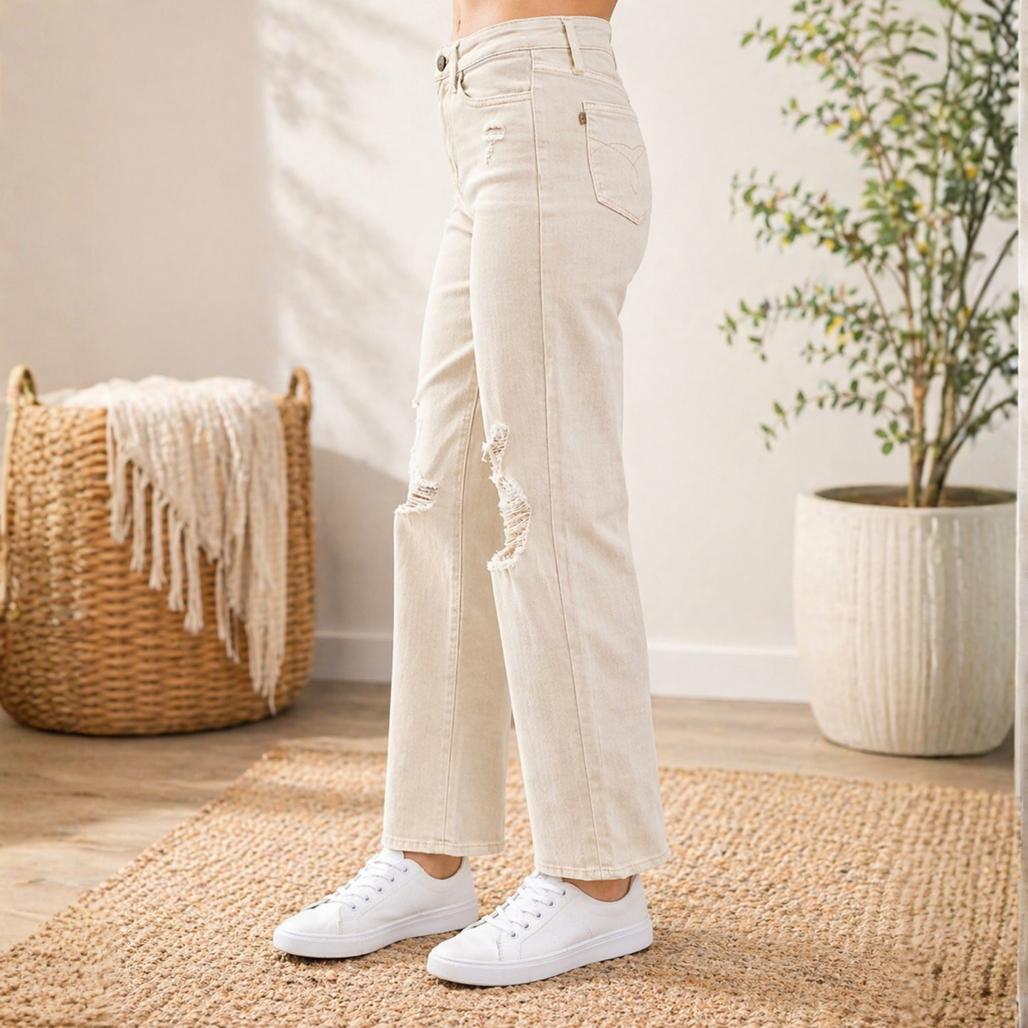 Judy Blue High Rise Beige Garment Dyed Destroy 90's Straight - SV Boutique & Co.
