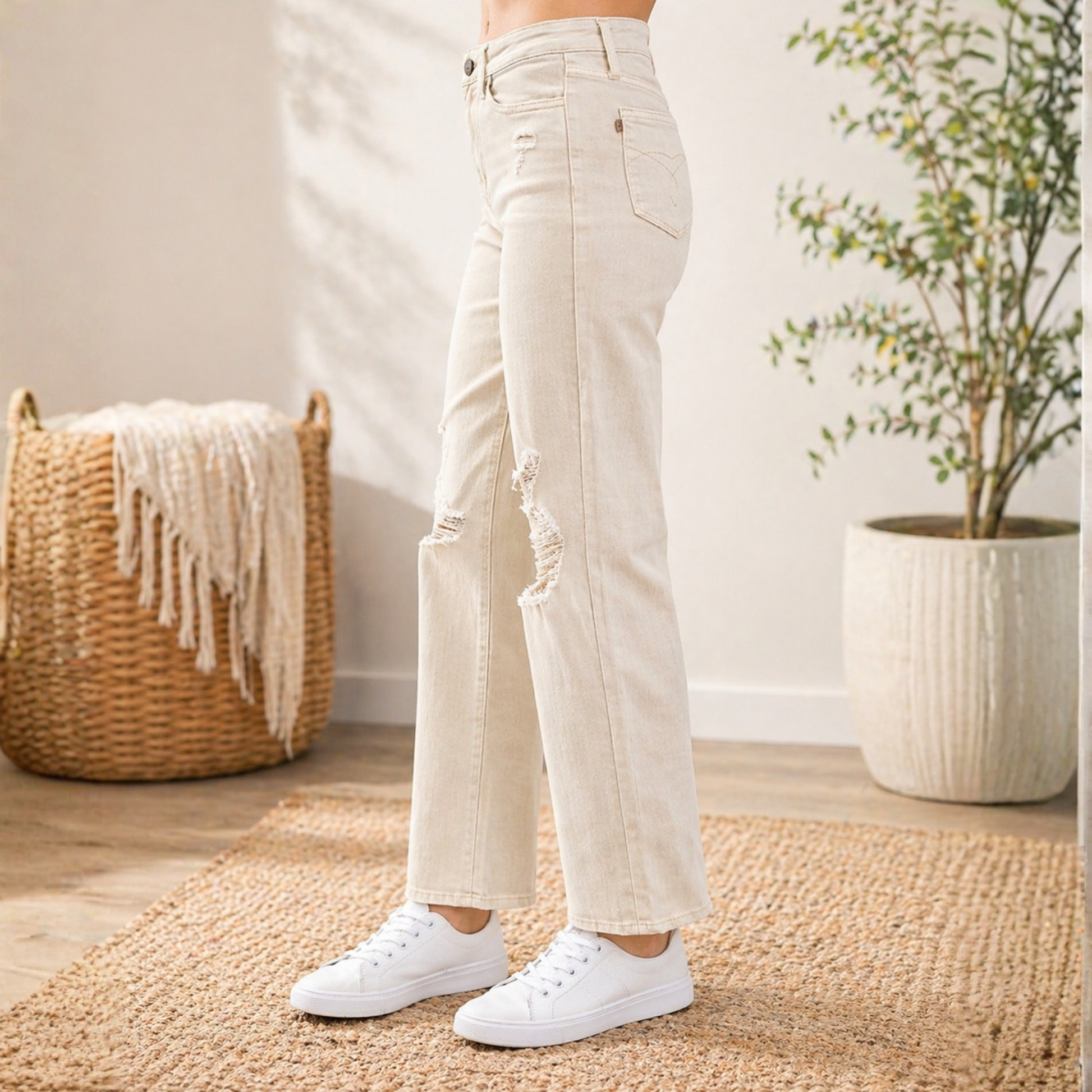 Judy Blue High Rise Beige Garment Dyed Destroy 90's Straight - SV Boutique & Co.