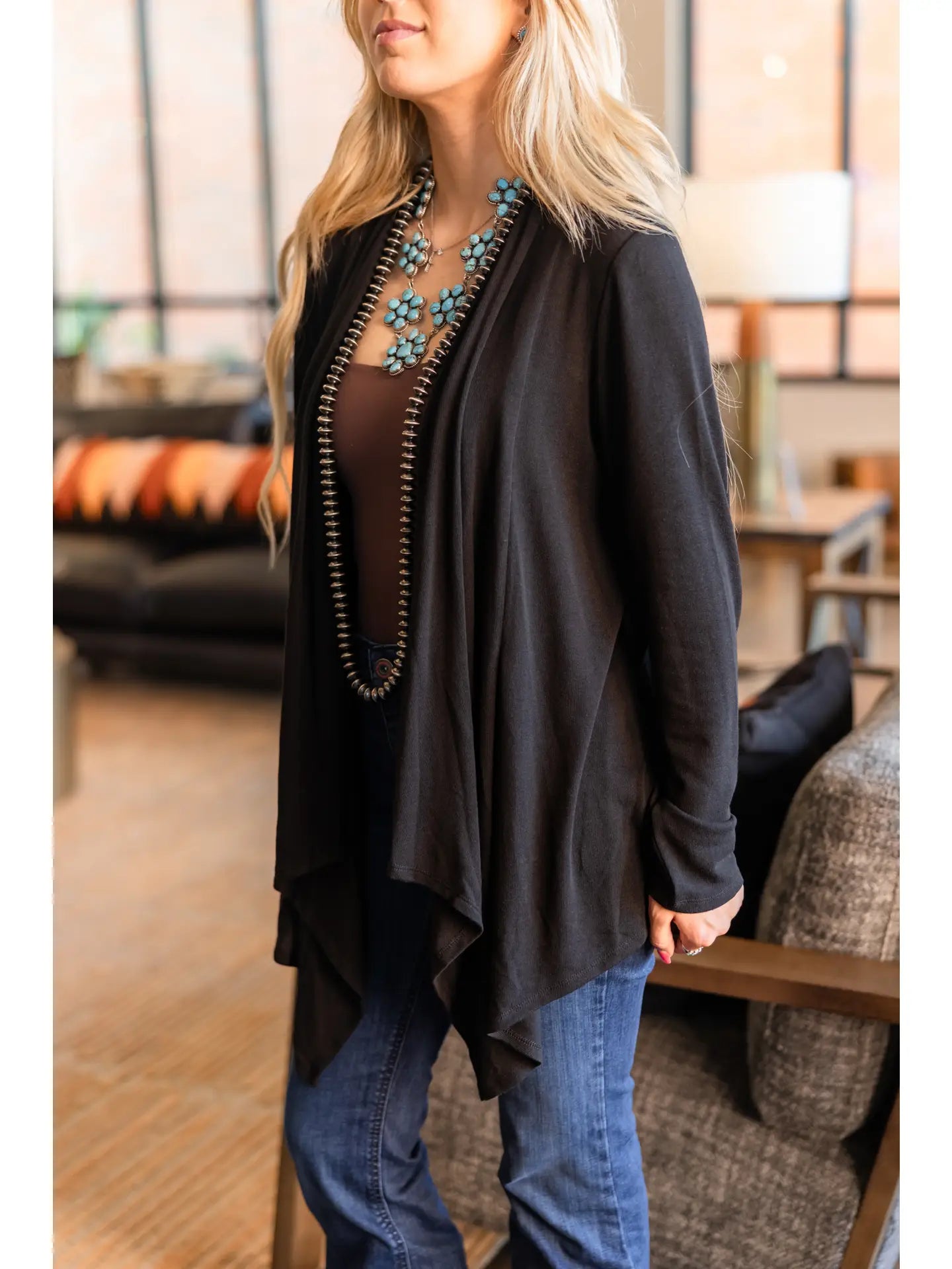Soft Drape Open Front Black Cardigan