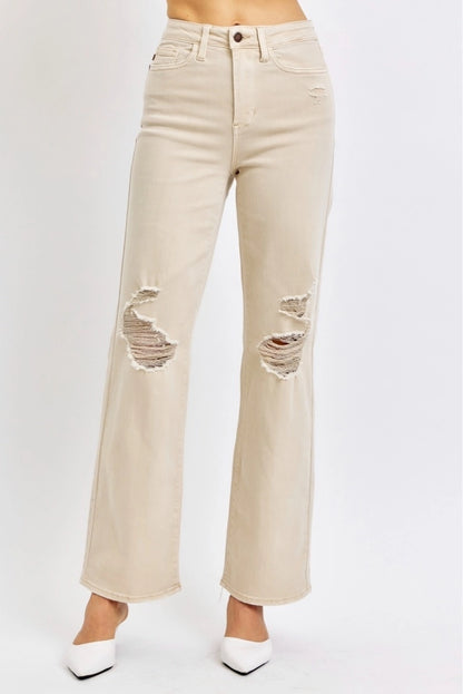Judy Blue High Rise Beige Garment Dyed Destroy 90's Straight