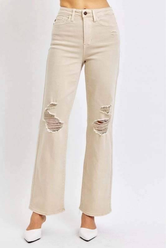 Judy Blue High Rise Beige Garment Dyed Destroy 90's Straight