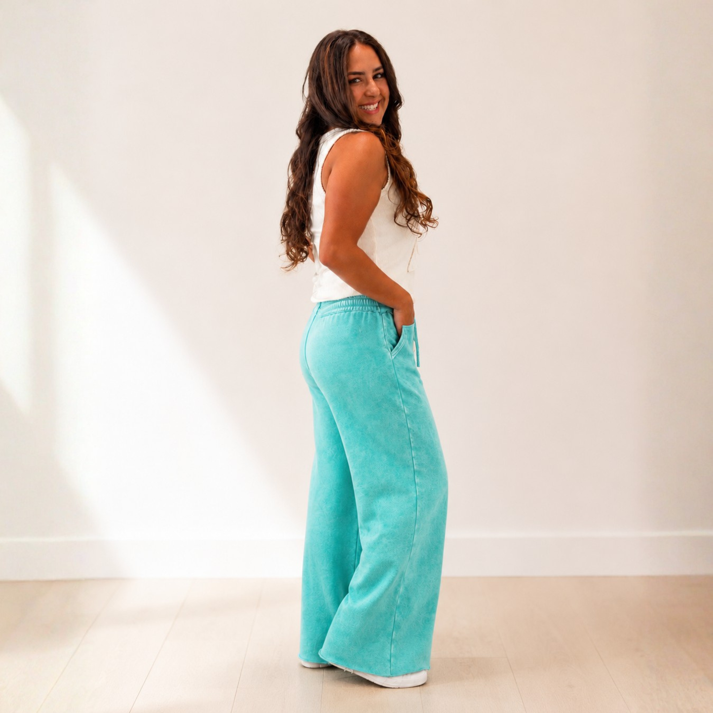 COOL TIDE ACID WASH FLEECE PALAZZO SWEATPANTS WITH POCKETS FINAL SALE