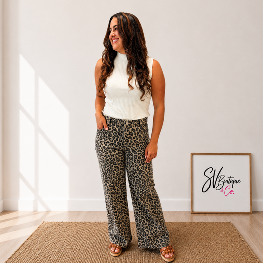 RISEN RUN THE WILD MID RISE WIDE LEG LEOPARD JEANS - SV Boutique & Co.