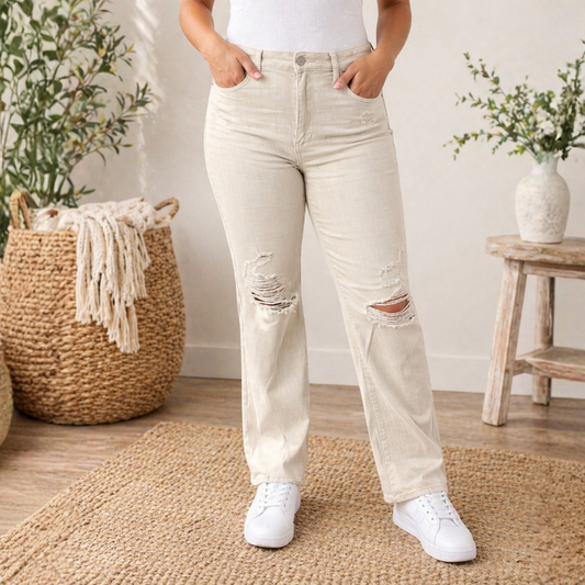 Judy Blue High Rise Beige Garment Dyed Destroy 90's Straight - SV Boutique & Co.