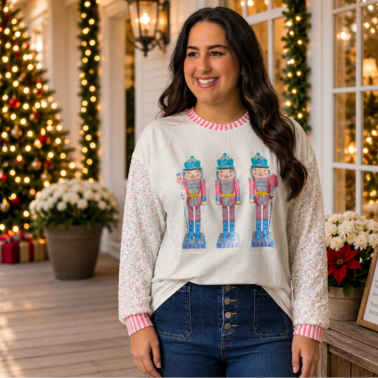 Glittery Nutcrackers on White Top with Sequin Sleeves by Emma+ Grace - SV Boutique & Co.