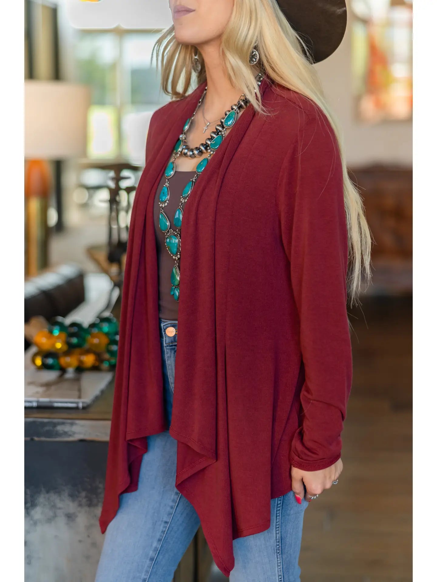 Soft Drape Open Front Wine Cardigan