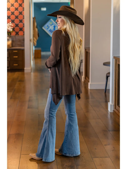 Soft Drape Open Front Chocolate Cardigan