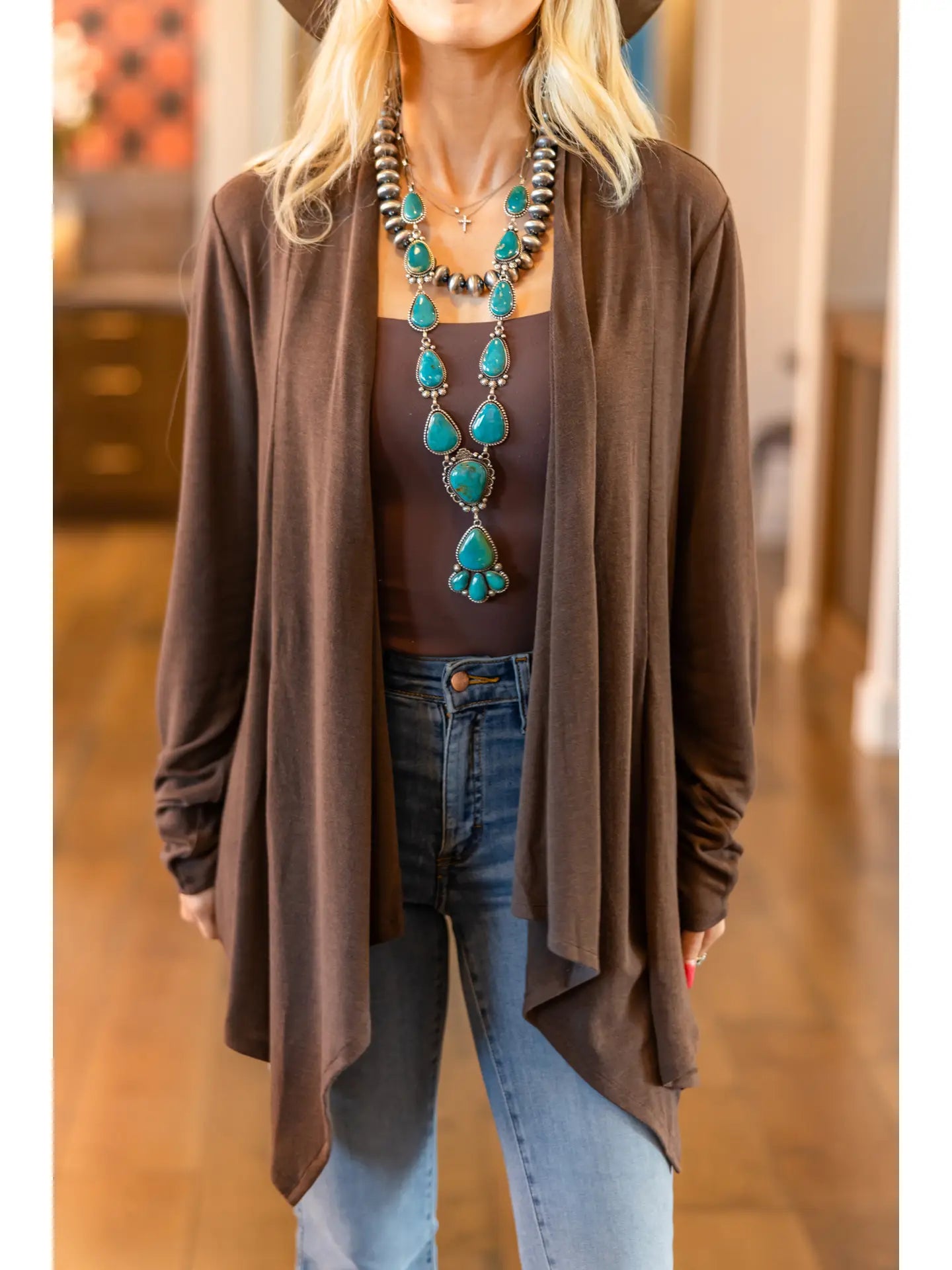 Soft Drape Open Front Chocolate Cardigan