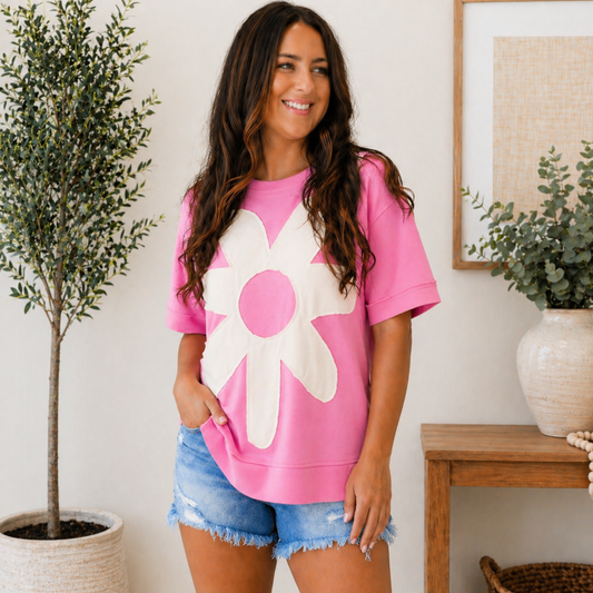 Pink Flower Patch Top FINAL SALE - SV Boutique & Co.