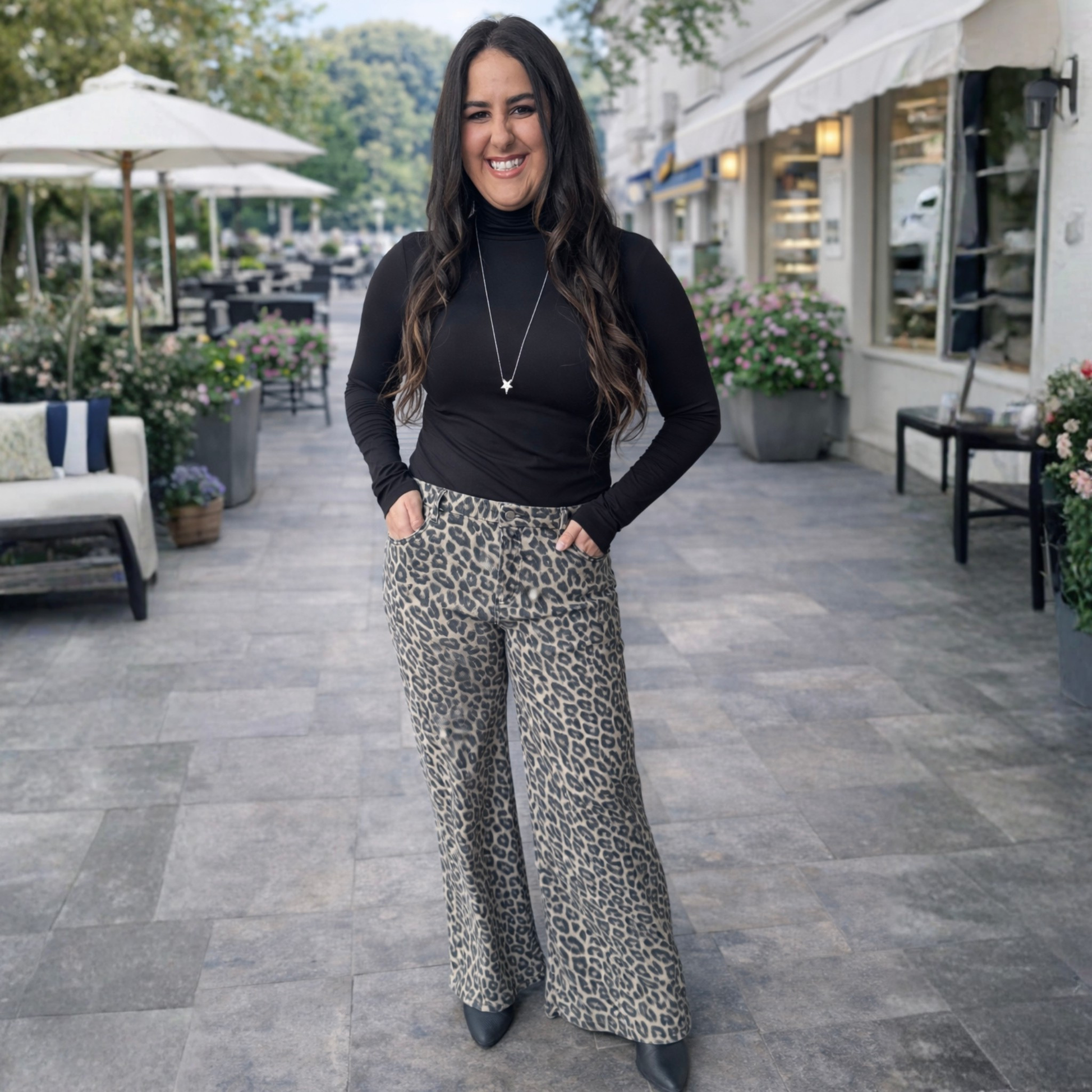 RISEN RUN THE WILD MID RISE WIDE LEG LEOPARD JEANS - SV Boutique & Co.