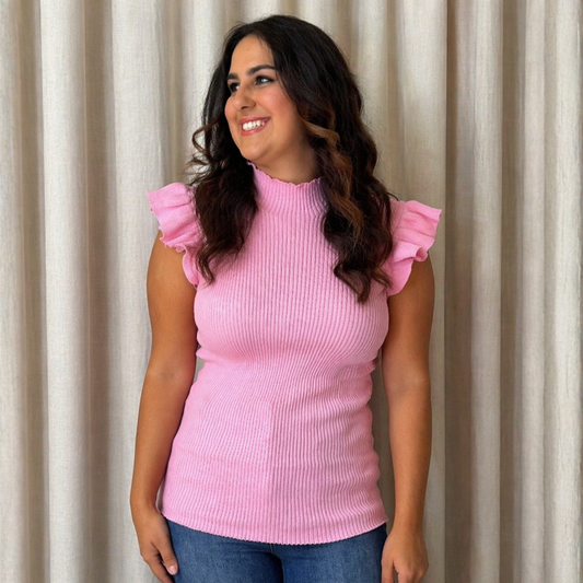 Pink Petals Ribbed Flutter Sleeve Top - SV Boutique & Co.