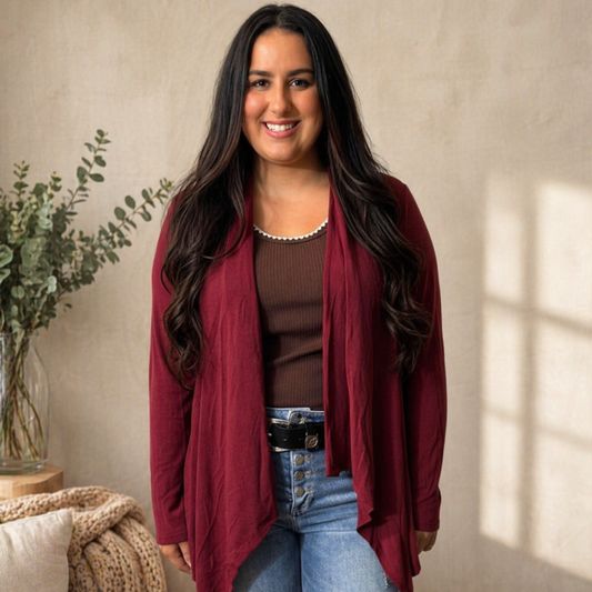 Soft Drape Open Front Wine Cardigan - SV Boutique & Co.